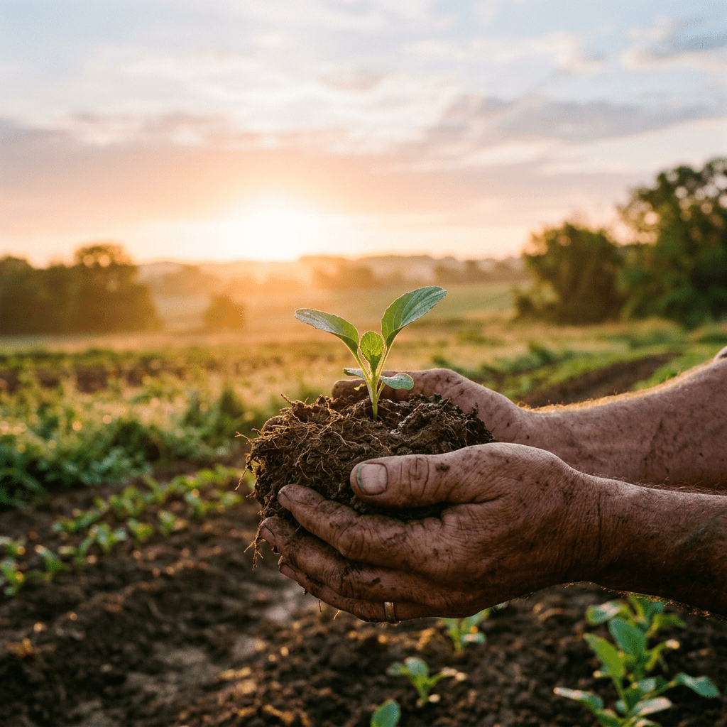 Hands holding seedling plant with soil at sunrise in field
