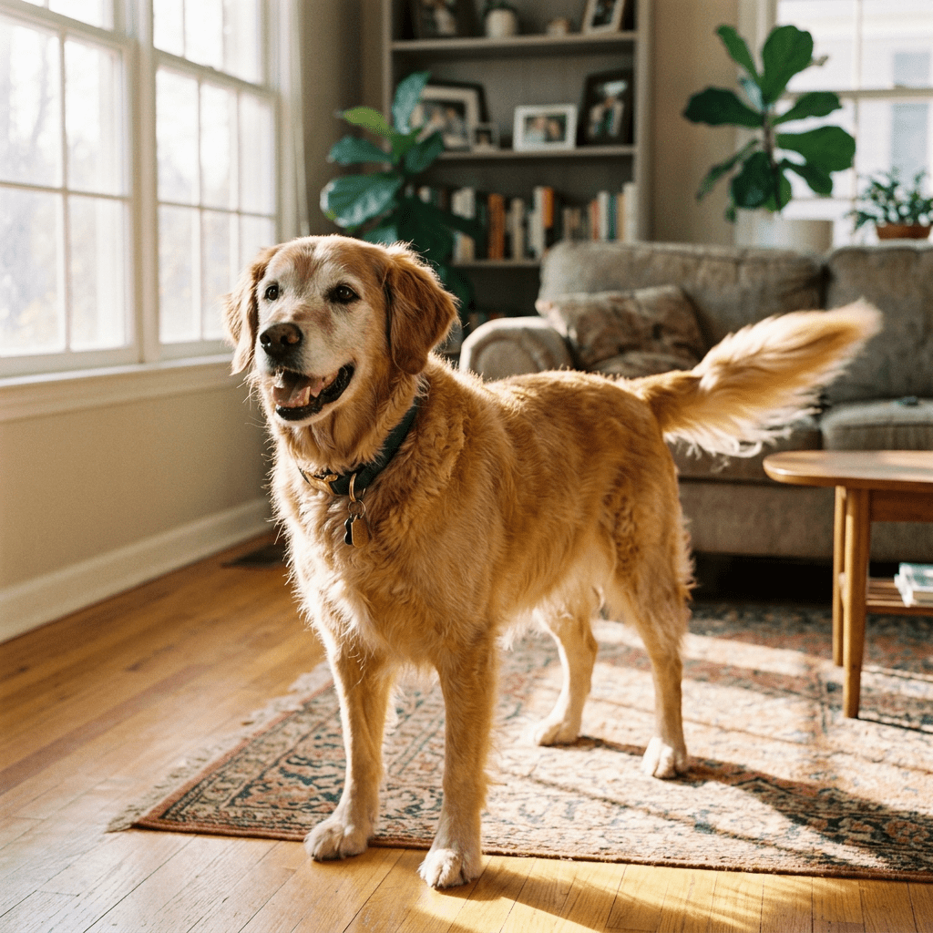 Golden retriever dog standing on patterned rug in living room with sofa and plants