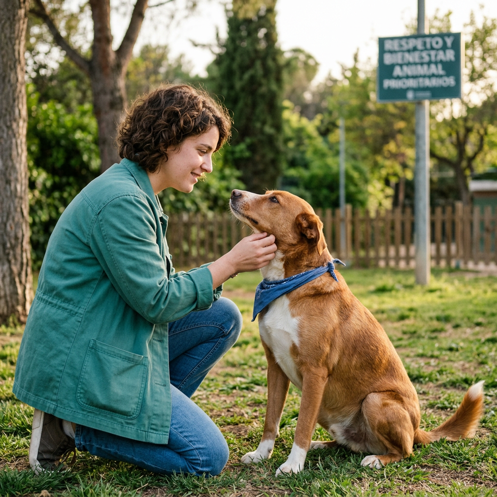 Person kneeling and petting a seated dog wearing a blue bandana outdoors