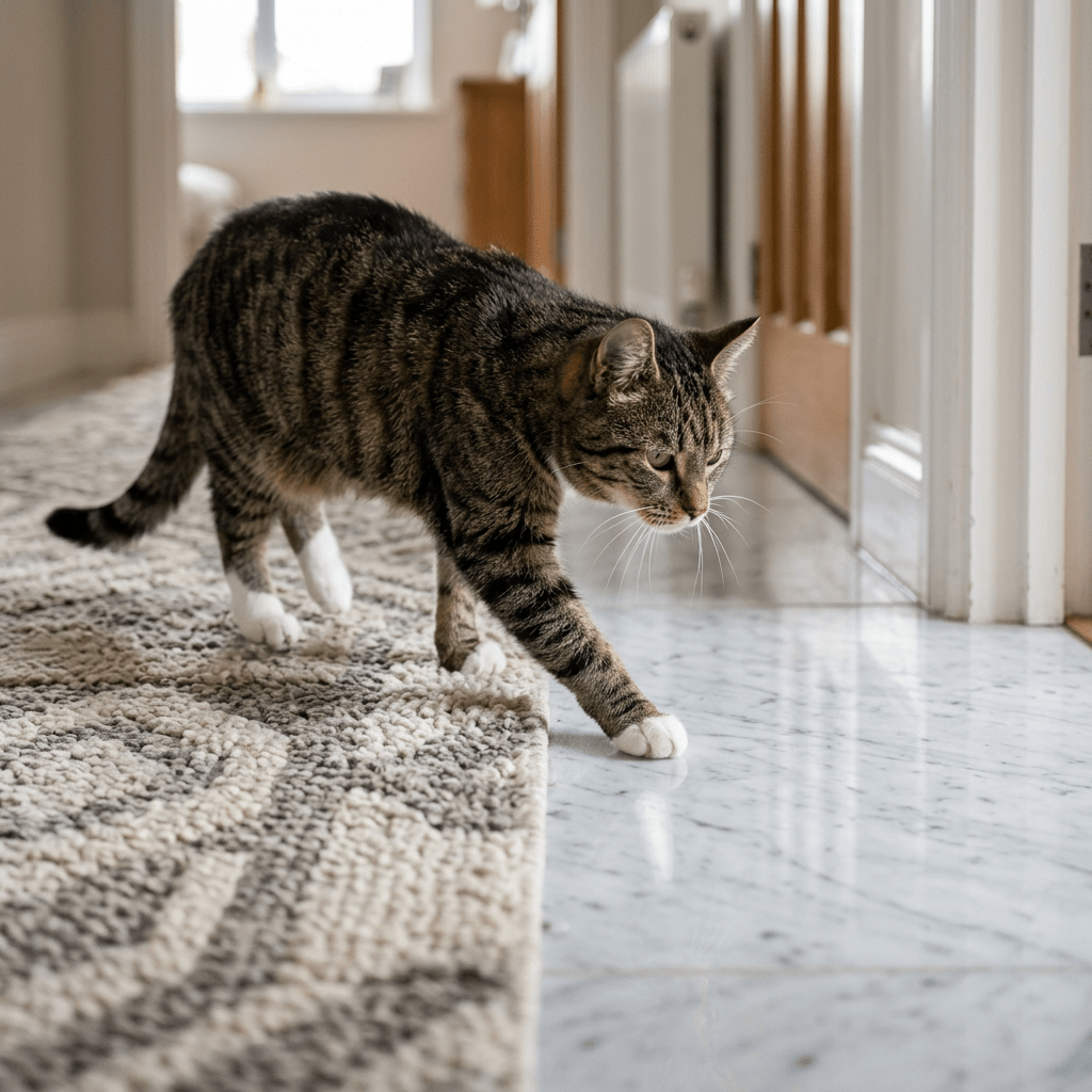 Tabby cat walking indoors from rug to marble floor