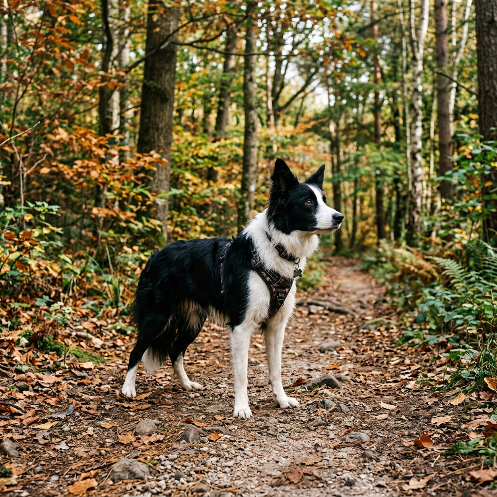 Black and white Border Collie standing on a rocky forest trail with autumn leaves