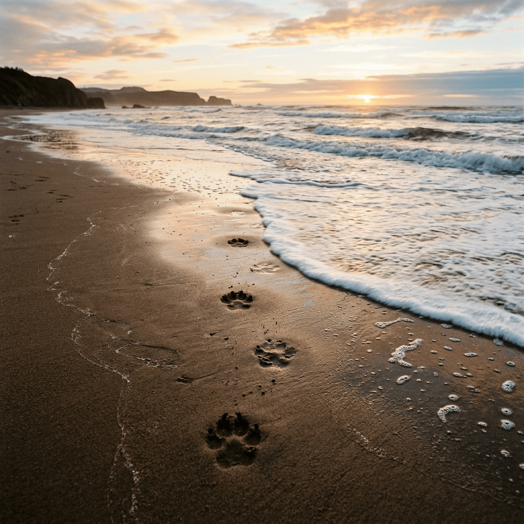Dog paw prints in wet sand along a beach with waves washing in