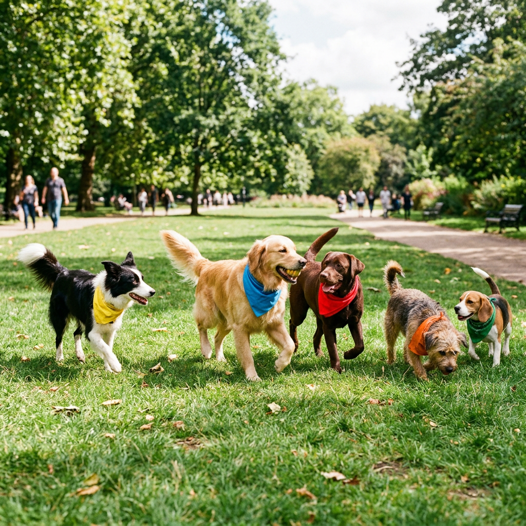 Five dogs with different colored bandanas walking and playing on green grass in a park