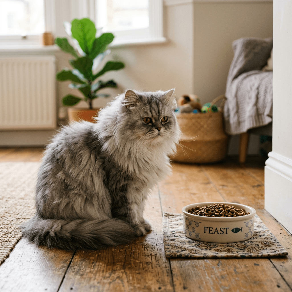 Gray fluffy cat sitting beside a ceramic food bowl filled with kibble labeled FEAST