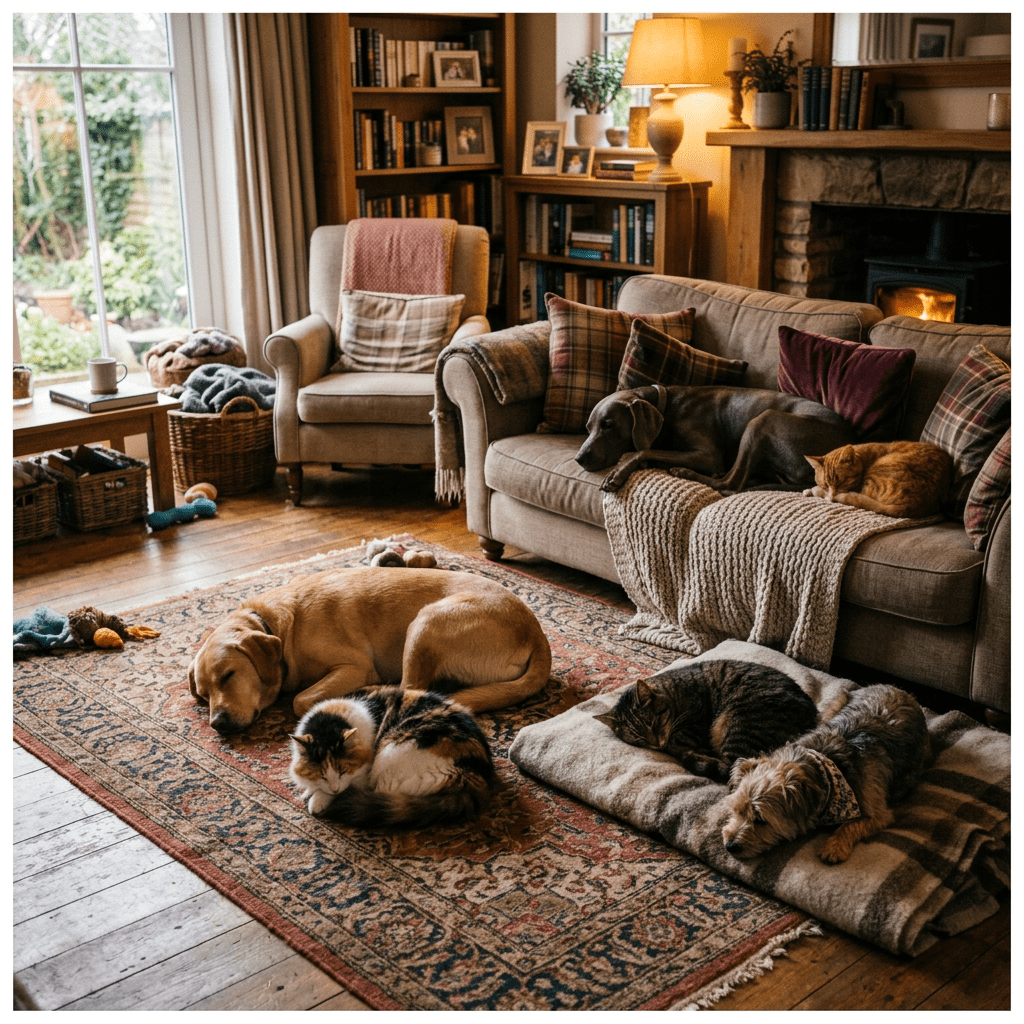 Three dogs and three cats resting on couch, rug, and pet beds in a warm living room