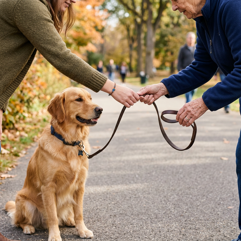 Golden retriever sitting as two people exchange its leash outdoors.