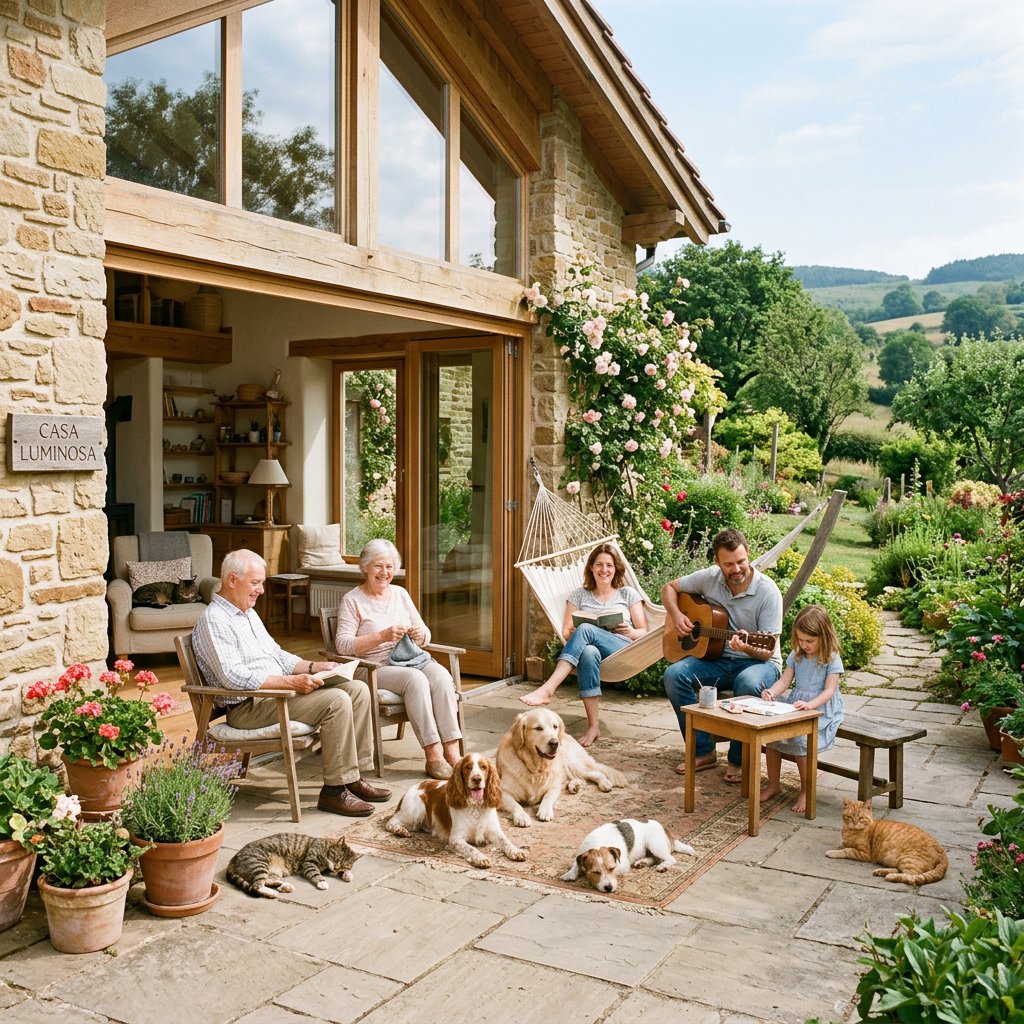 A multigenerational family sitting and relaxing in a garden patio with dogs, cats, and musical activity