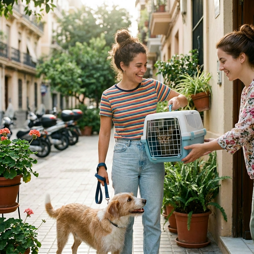 Young woman smiling and holding a cat carrier handed by another person while holding a dog leash outdoors