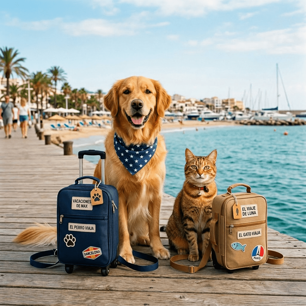 Golden retriever and tabby cat sitting on a wooden pier next to blue and tan pet suitcases labeled for travel