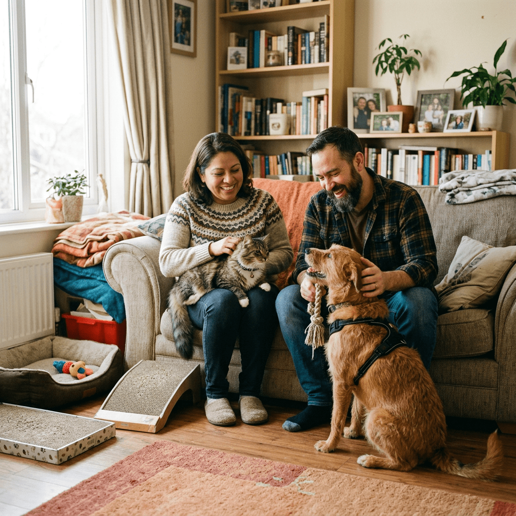 Couple sitting on a couch with a cat and a dog indoors