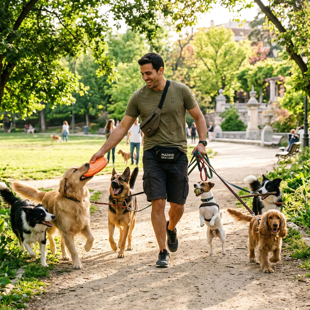 Man walking six dogs of various breeds on leashes in a green park