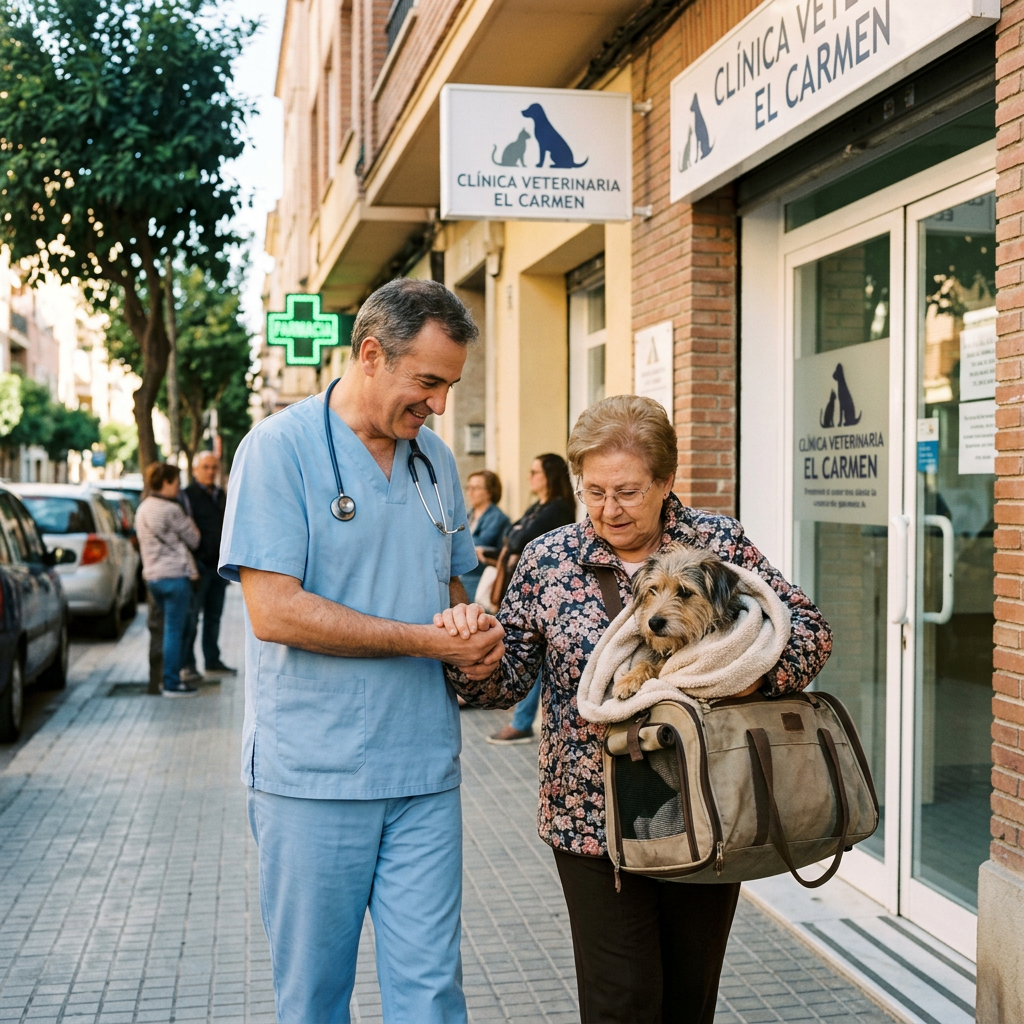 Veterinarian in scrubs holding hands with elderly woman carrying dog in pet carrier outside veterinary clinic