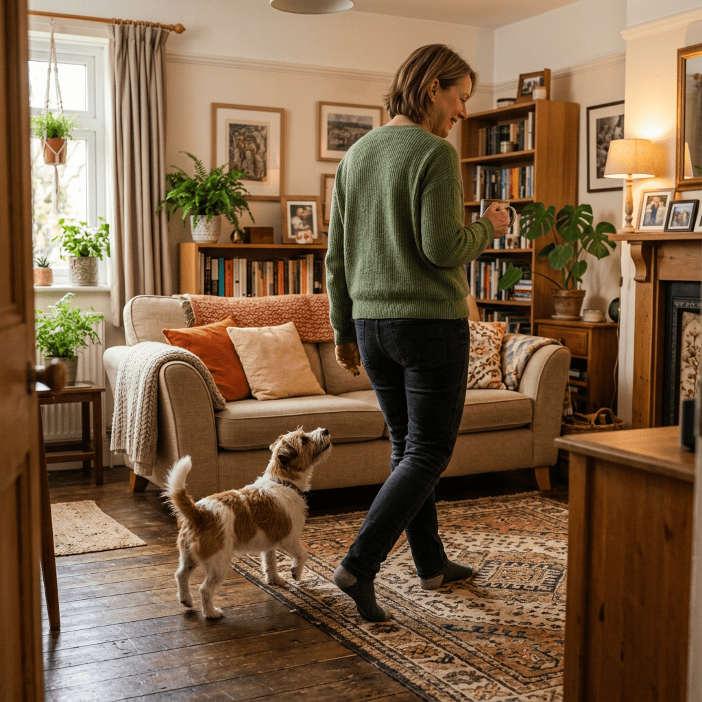 Woman walking in living room with small dog beside her