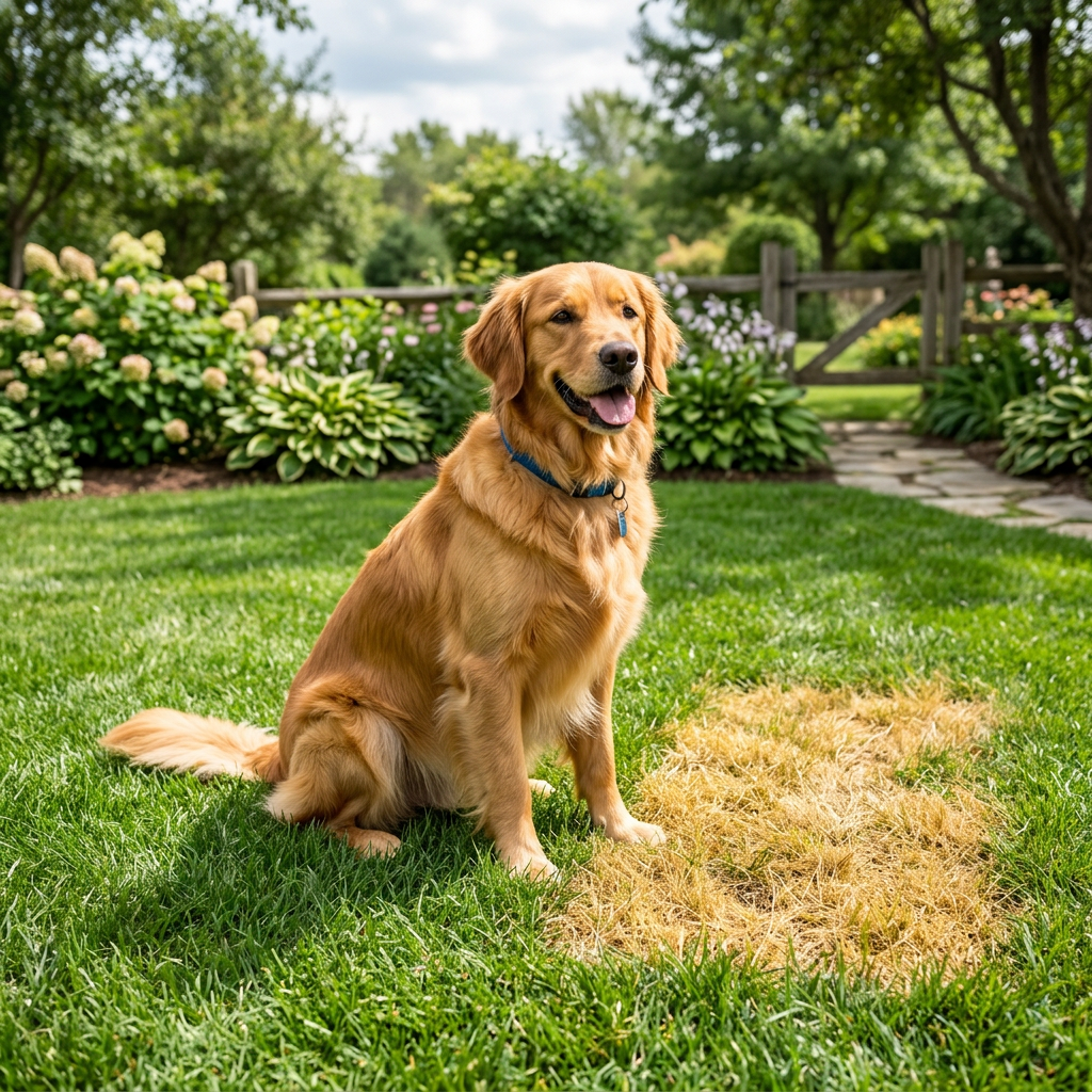 Golden retriever sitting beside brown damaged grass patch in green lawn