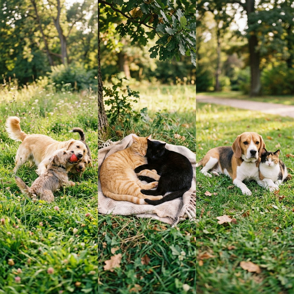 Two dogs playing with a red ball, two cats cuddling on a blanket, and a dog sitting beside a cat on grass.