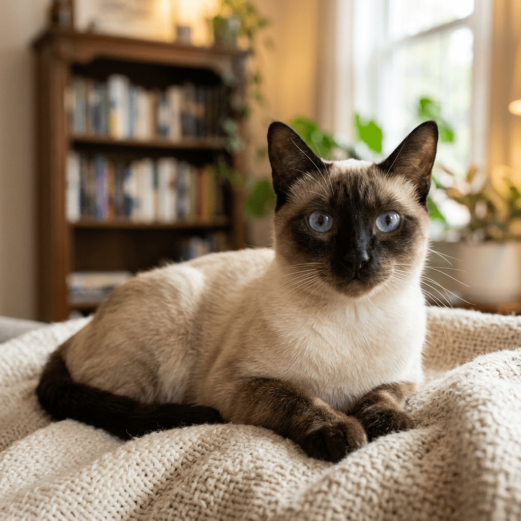 Siamese cat with blue eyes resting on a soft cream-colored blanket