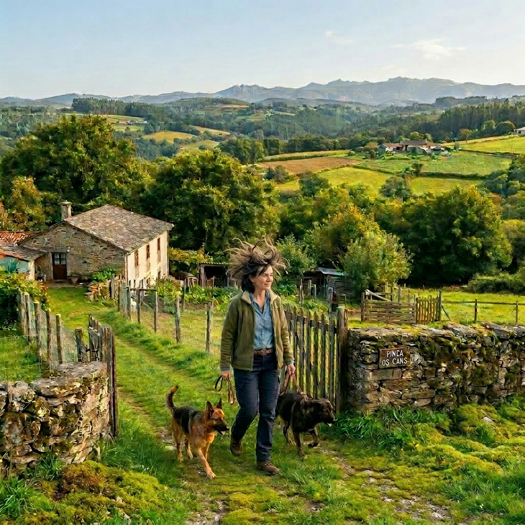 Person walking two dogs on a gravel path beside a stone wall with countryside farm in background