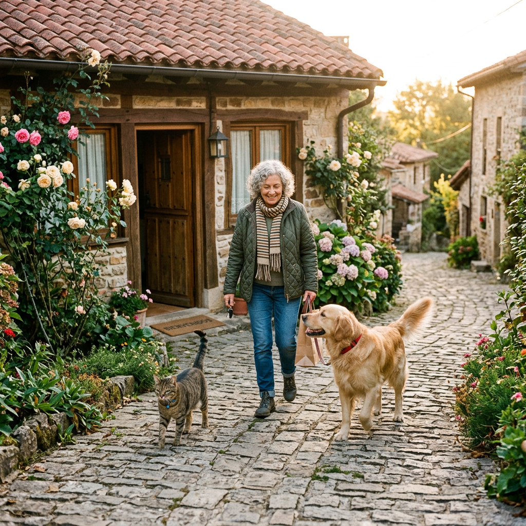 Woman walking with a golden retriever and a tabby cat on a cobblestone street in a village