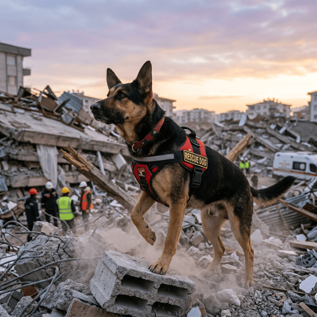 German Shepherd rescue dog wearing a red harness labeled 'RESCUE DOG' standing on rubble in a disaster area