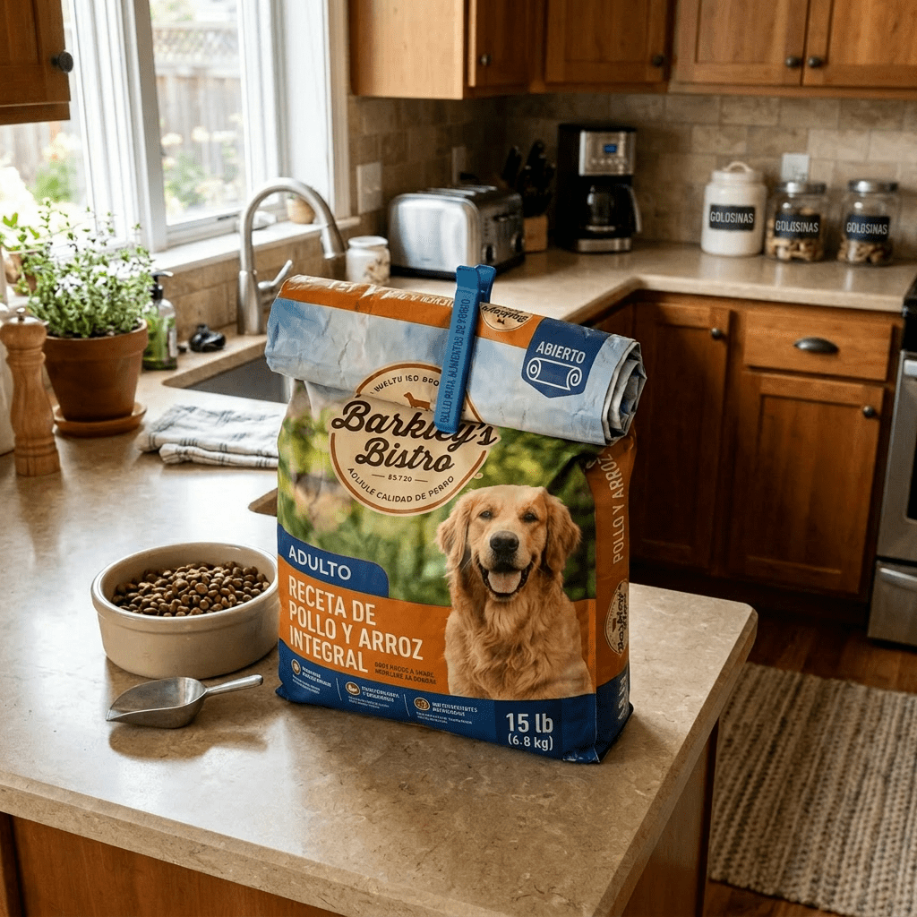 15-pound bag of Barkley's Bistro adult chicken and brown rice dog food with a blue clip, next to a bowl of kibble and scoop on kitchen counter