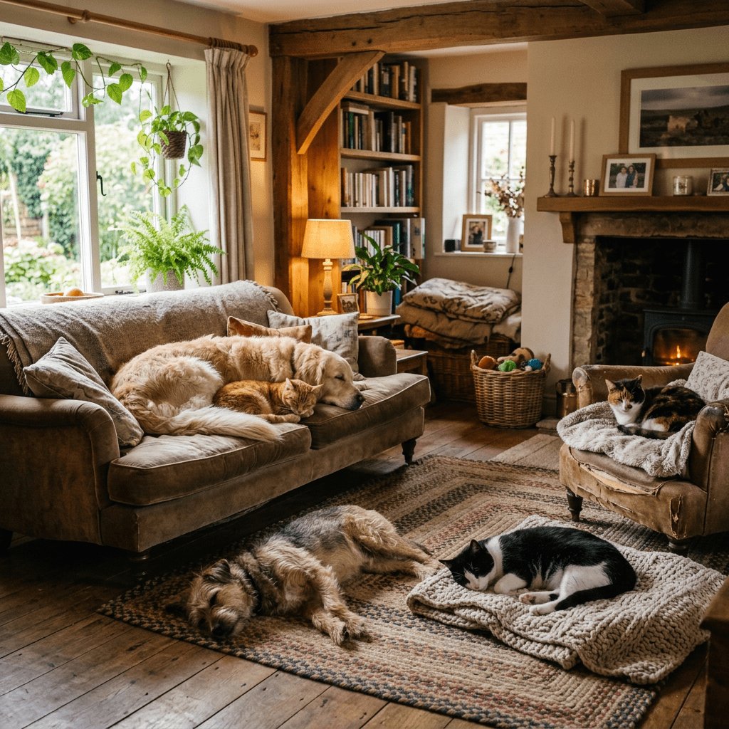 Two dogs and two cats resting comfortably in a cozy living room with rustic decor