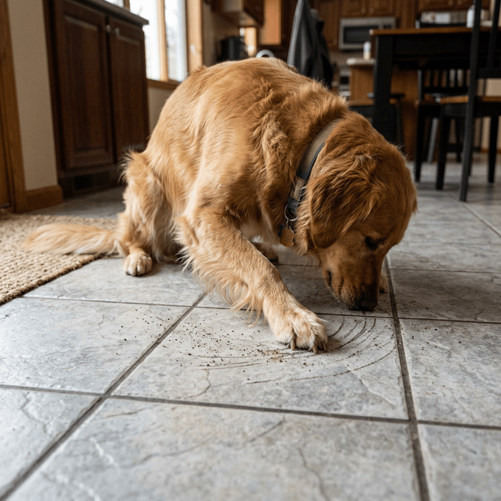 Golden retriever sniffing and pawing dirt on kitchen tile floor