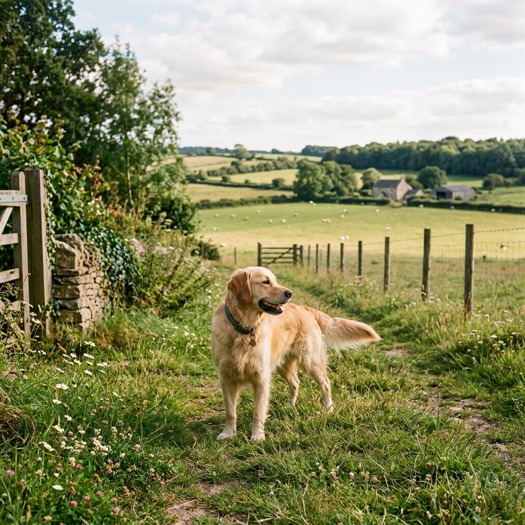Golden retriever standing on a grassy path in the countryside