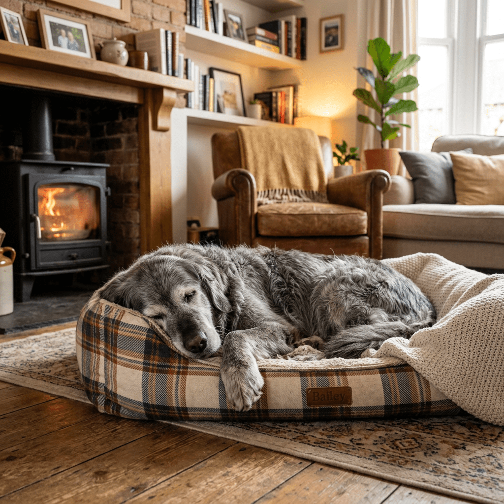 Gray dog sleeping on a plaid bed in a living room with fireplace and armchair
