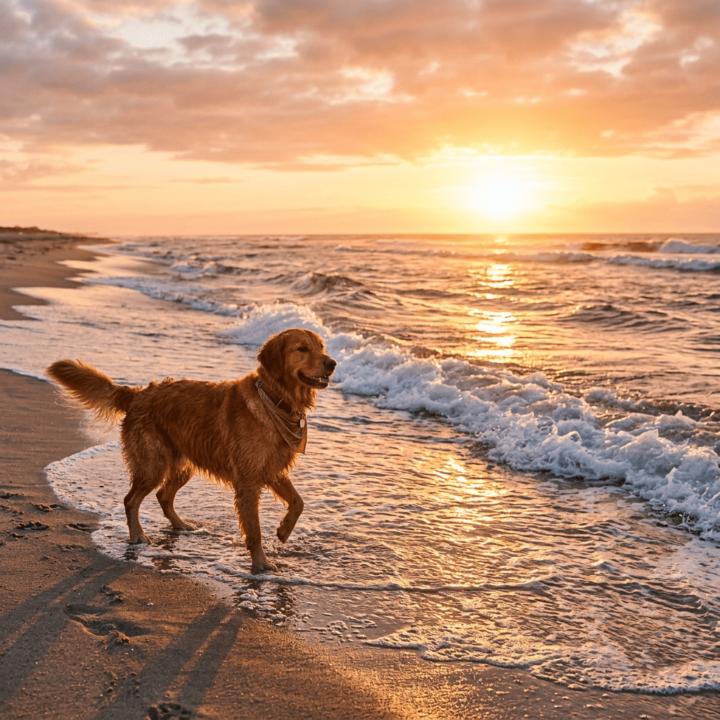 Golden retriever standing in shallow ocean water at sunset