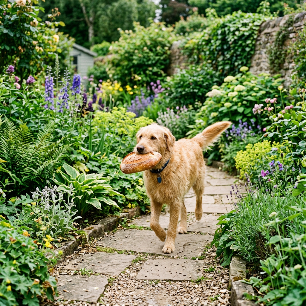 Golden retriever dog carrying round loaf of bread in garden pathway