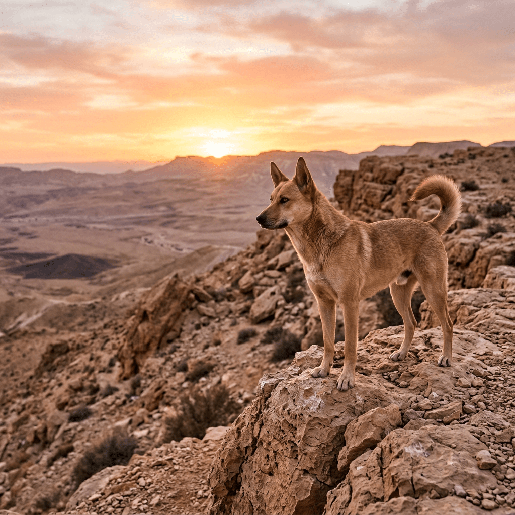 Dog standing on rocky cliff overlooking desert landscape at sunset