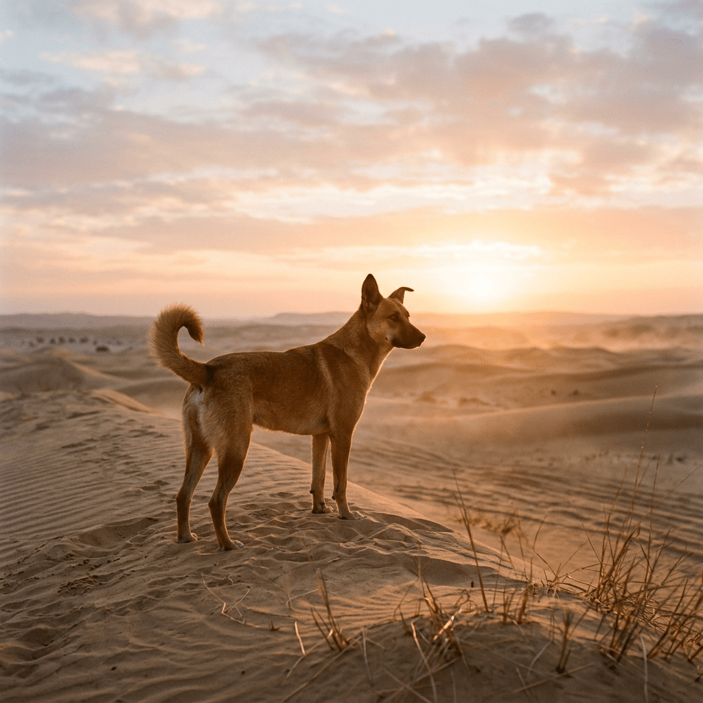 A dog standing on a sand dune in a desert at sunset