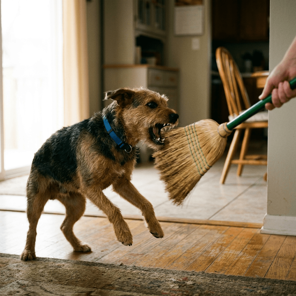 Small brown and black dog biting the bristles of a broom indoors
