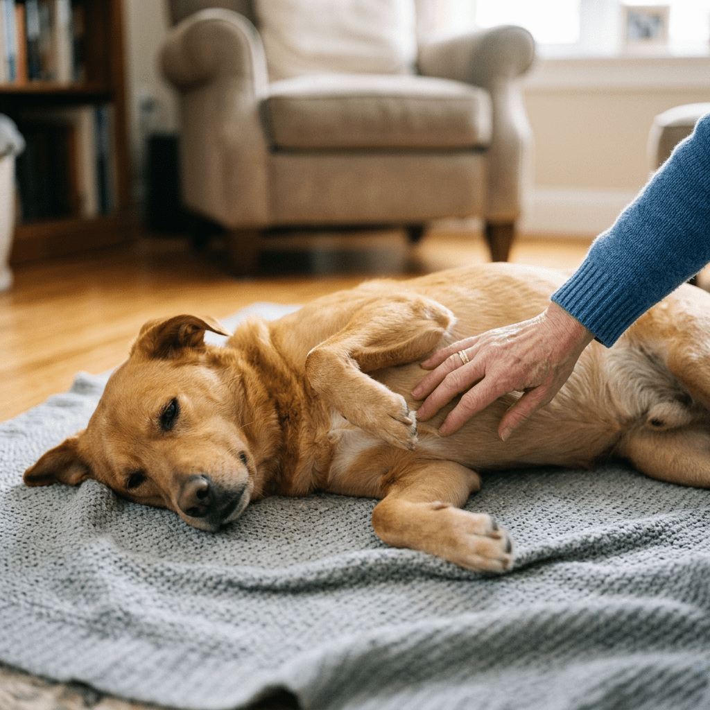 Golden dog lying on a gray blanket with a hand rubbing its belly