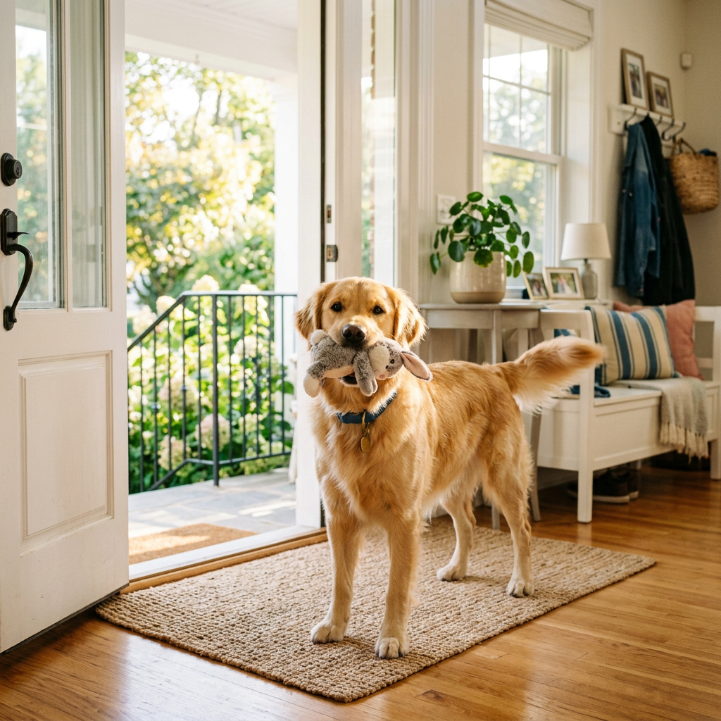 Golden retriever dog holding a stuffed toy bunny in mouth indoors near open door