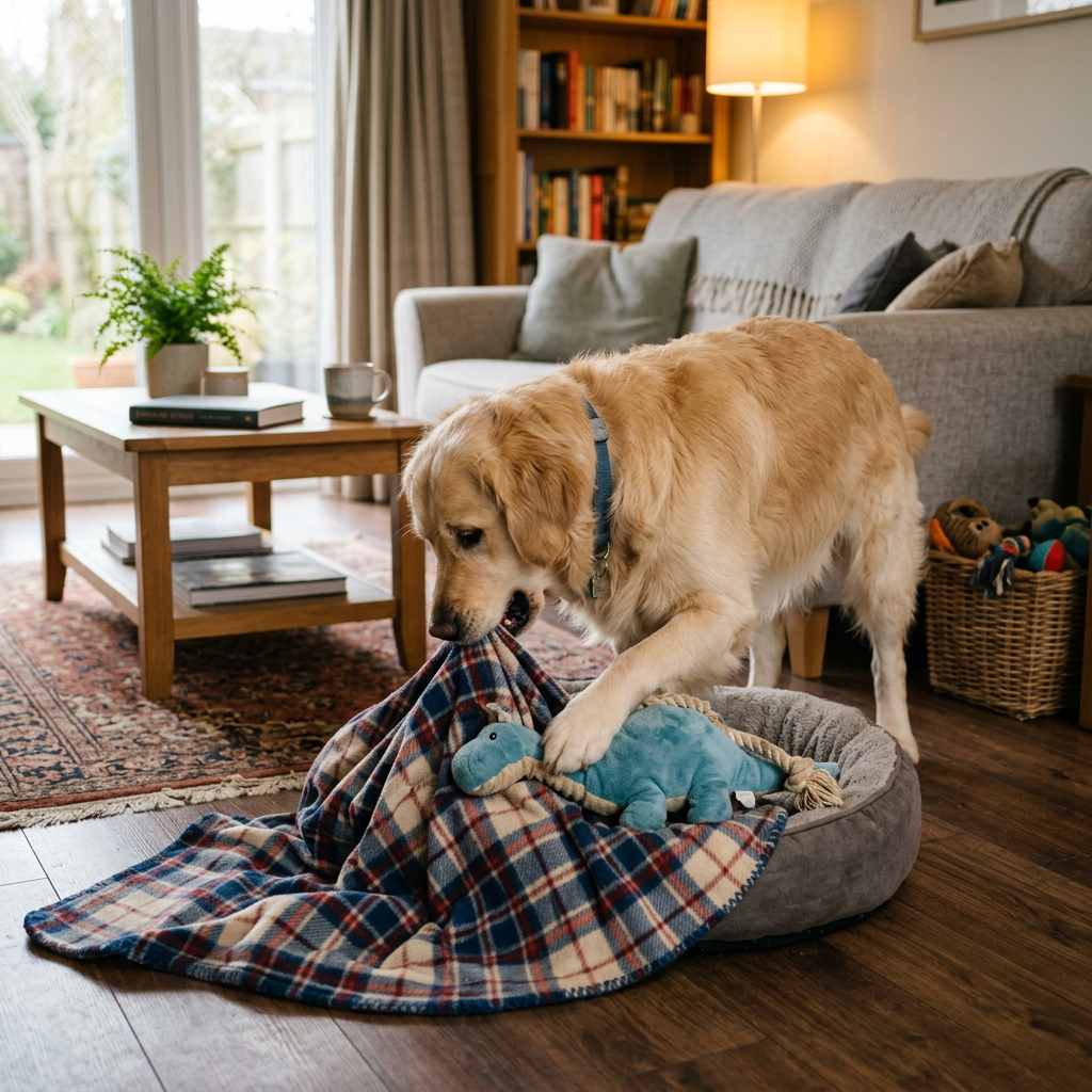 Golden retriever holding a plaid blanket in its mouth standing next to a dog bed with a blue dinosaur toy