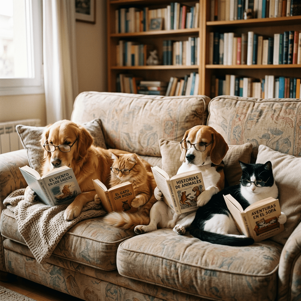 Two dogs and two cats wearing glasses sitting on a sofa reading books in Spanish