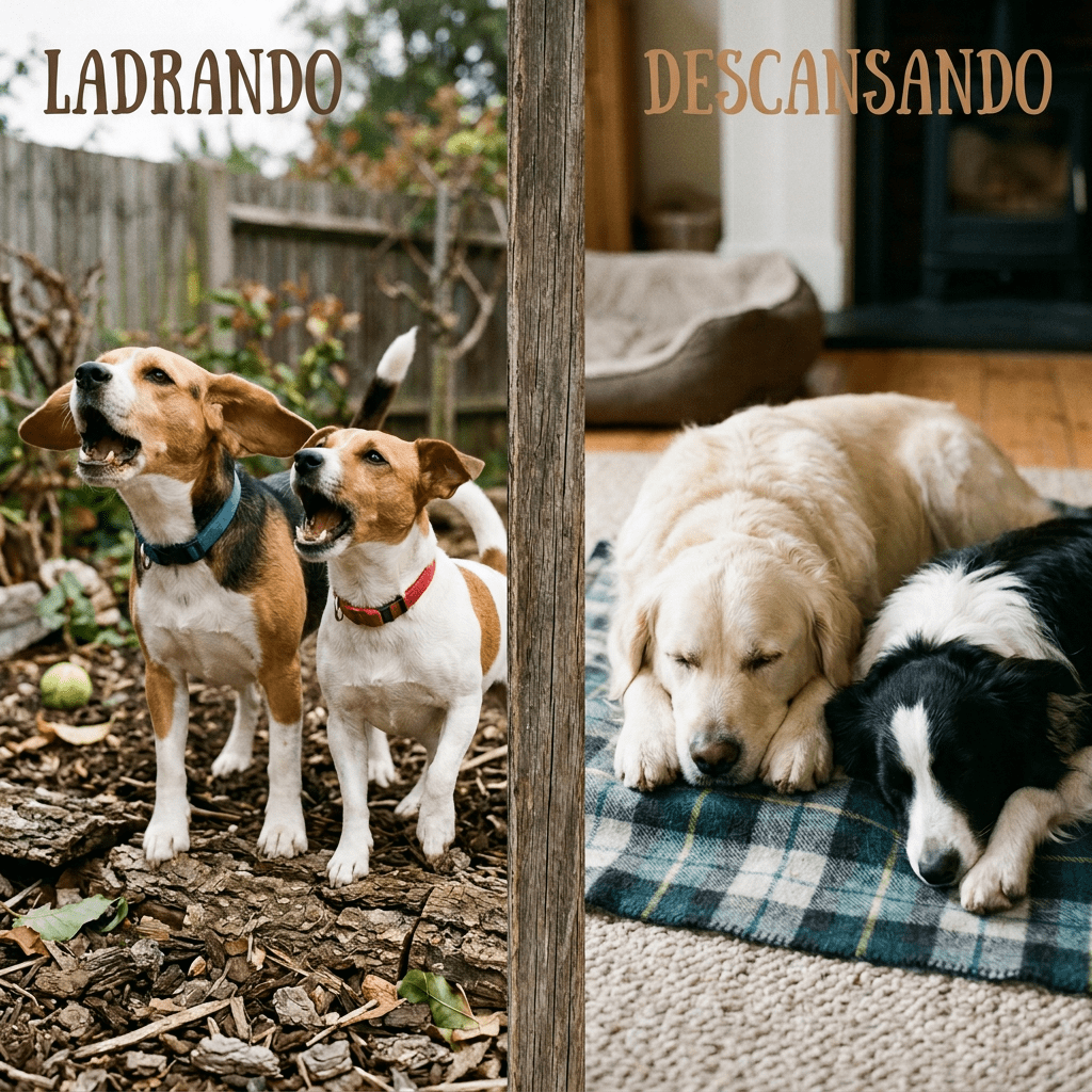 Two dogs barking outside and two dogs resting indoors on a plaid blanket.