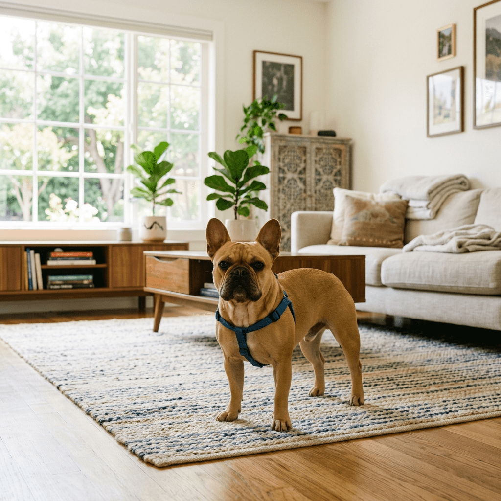 French Bulldog wearing a blue harness standing on a living room rug