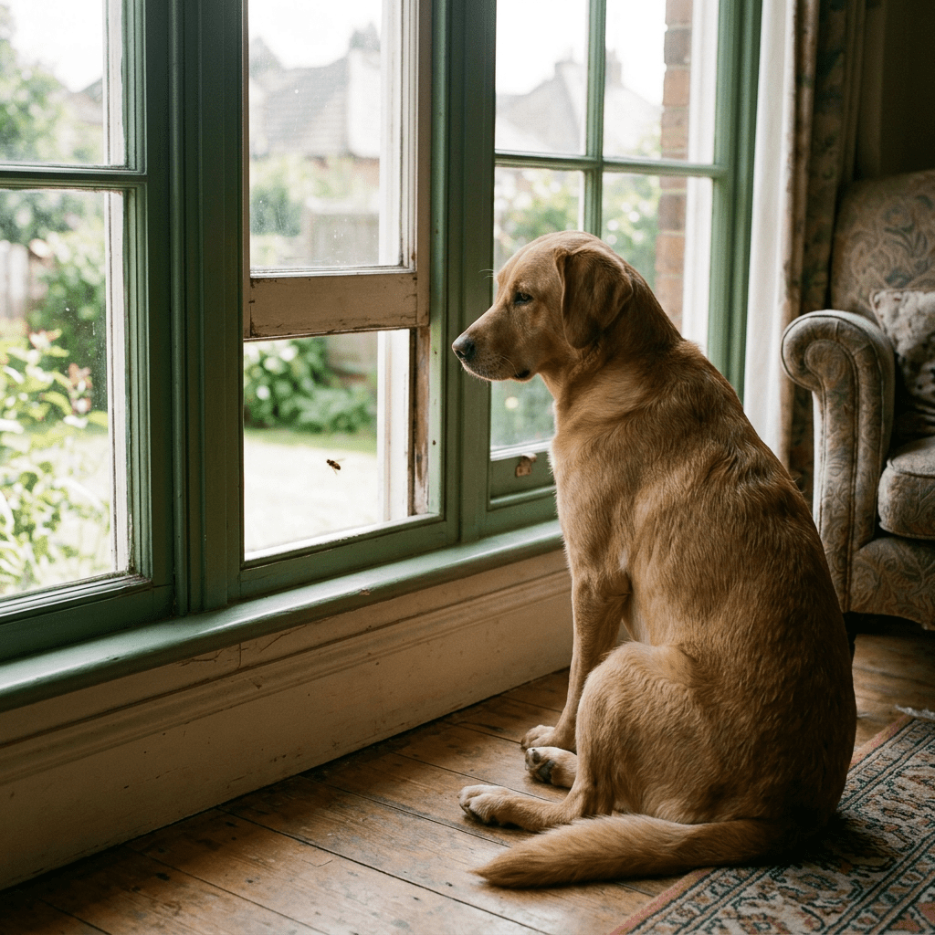 Golden dog sitting beside a window and looking outside