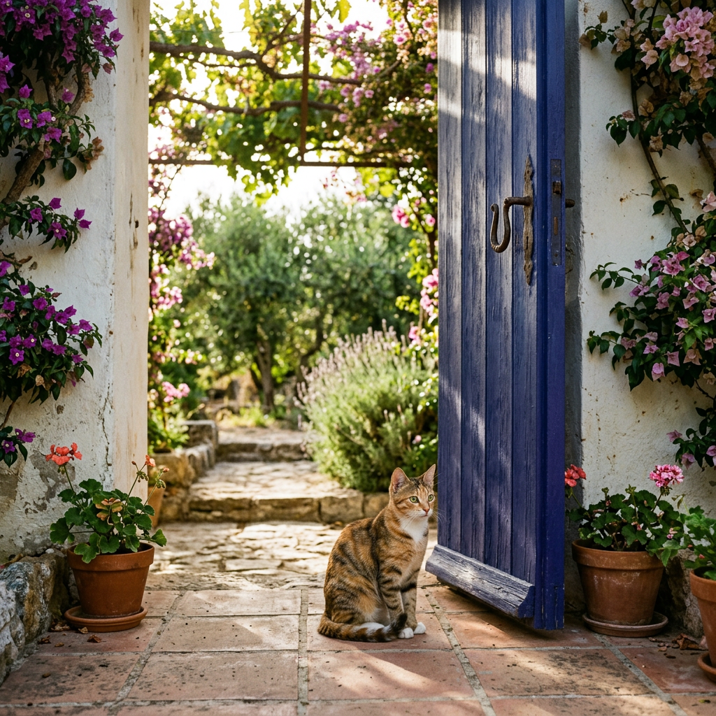 Tabby cat sitting beside an open blue door in a flower-filled garden