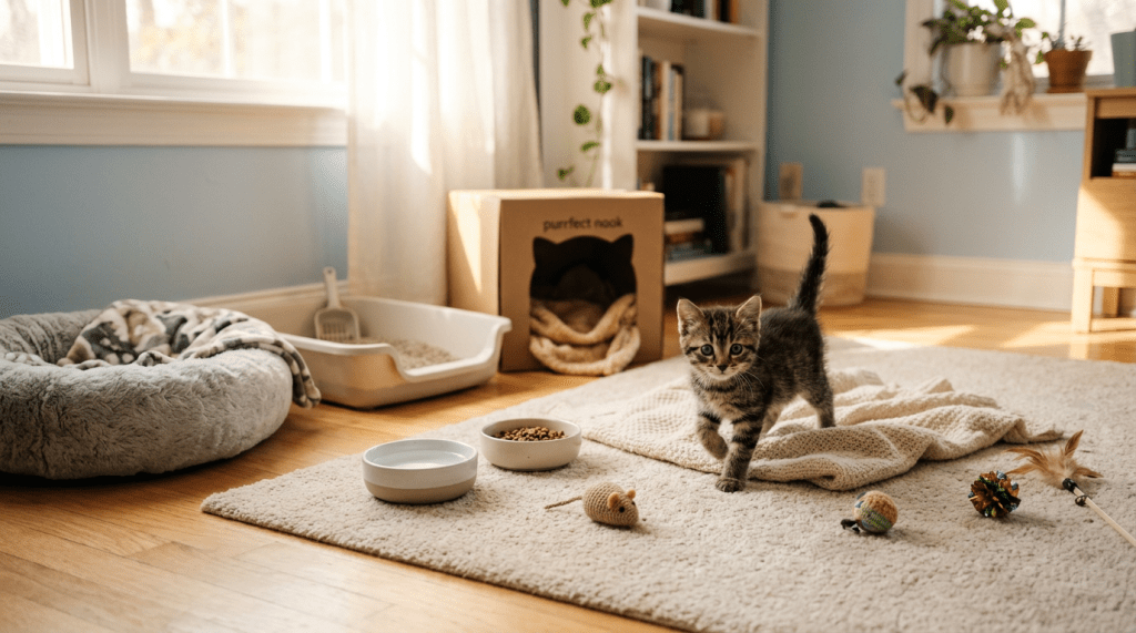 Kitten playing on a rug beside food, water, toys, and bedding