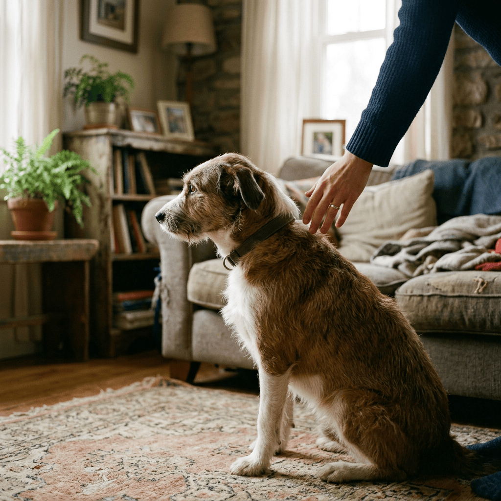 Brown and white dog sitting while a person gently pets its back