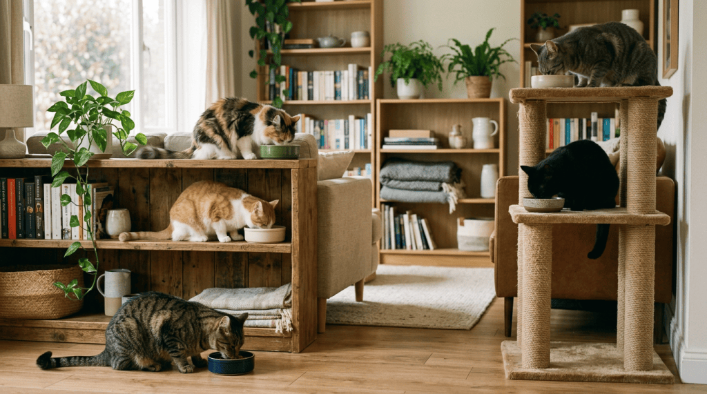 Four cats eating from bowls on shelves and floor in a living room