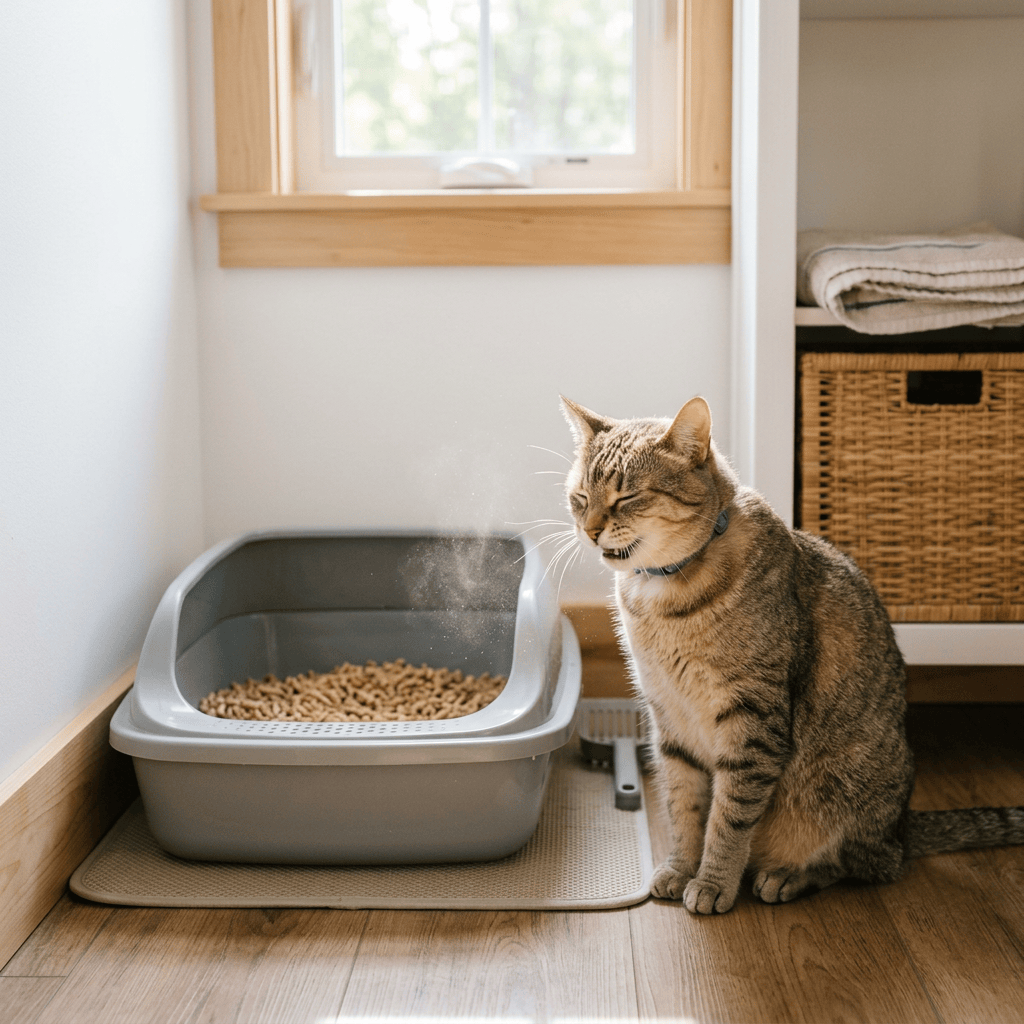 Tabby cat sitting beside a litter box with scattered dust nearby