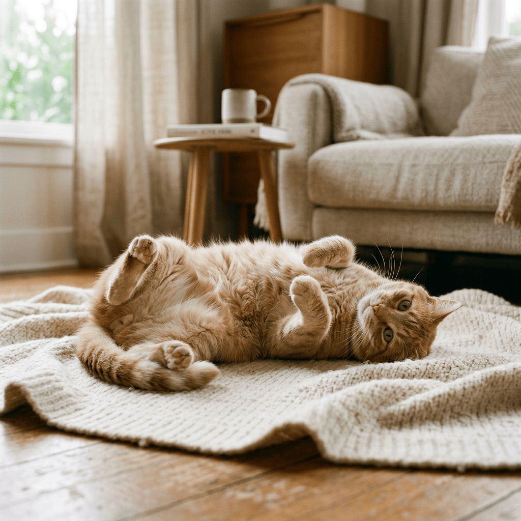 Ginger cat lying on its back on a blanket in a living room