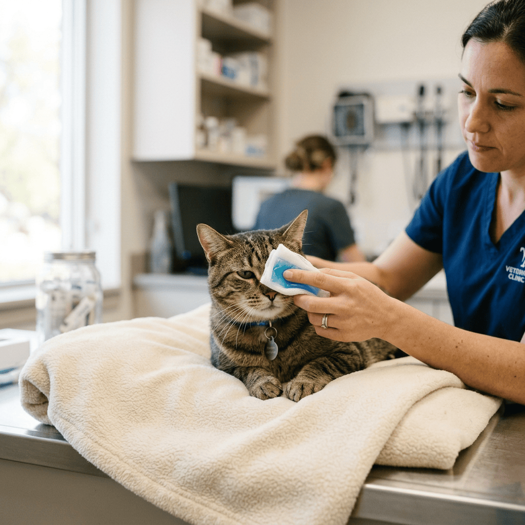 Veterinary professional cleaning a tabby cat’s eye with a gauze pad