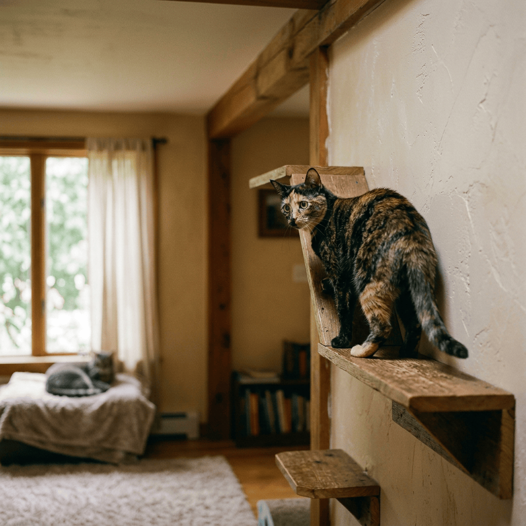 Tortoiseshell cat standing on a wooden wall perch beside a resting cat