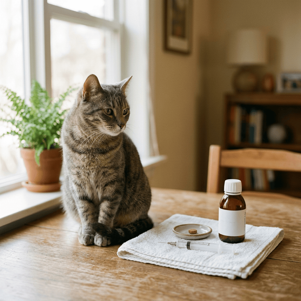 Tabby cat beside medicine bottle, syringe, and tablet on a towel