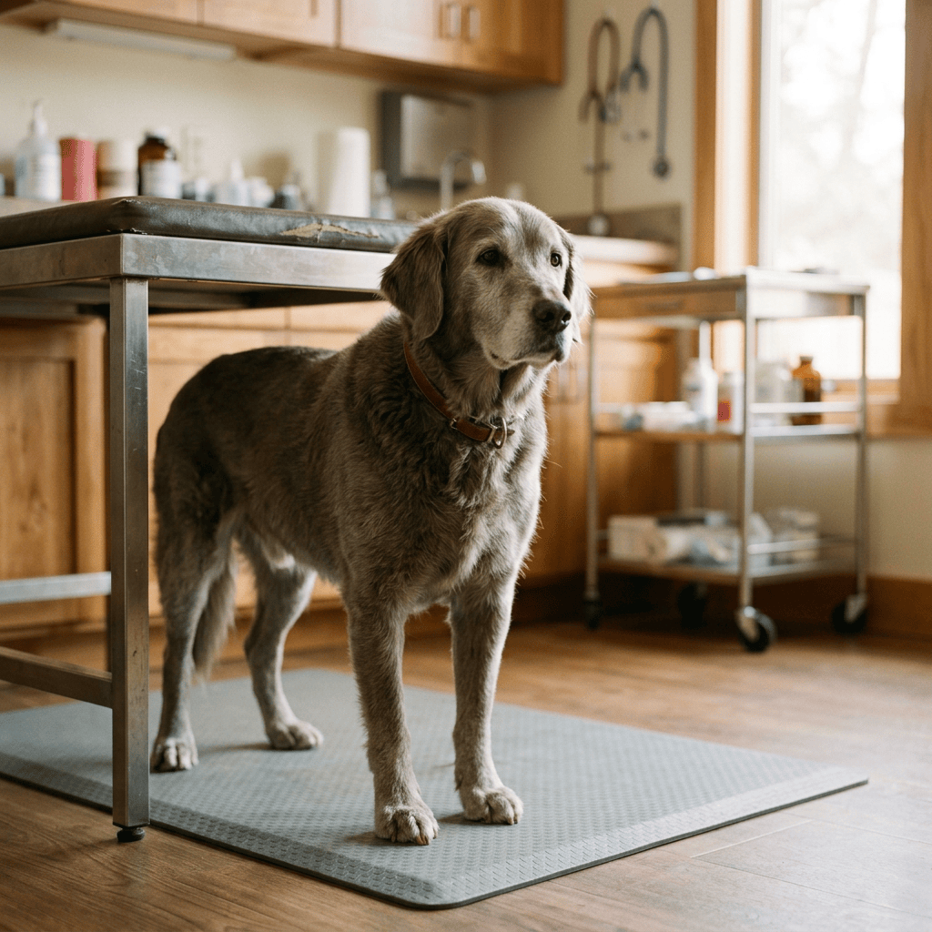 Brown dog standing beneath an examination table in a veterinary clinic